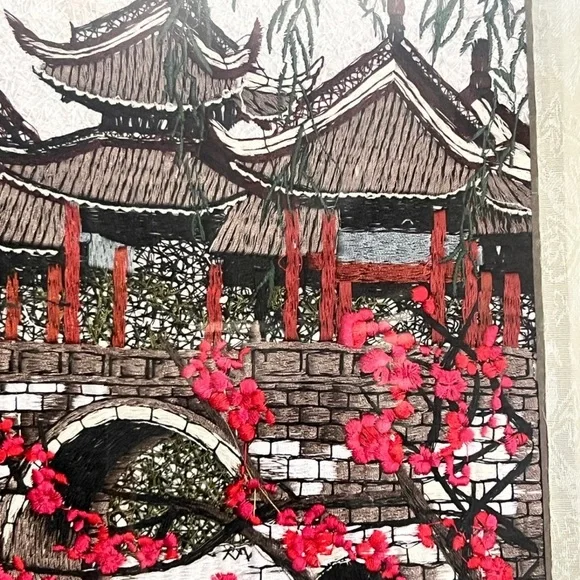 Vintage Oriental Asian Art Silk Thread Embroidery Needlework River Temple 22x 18
